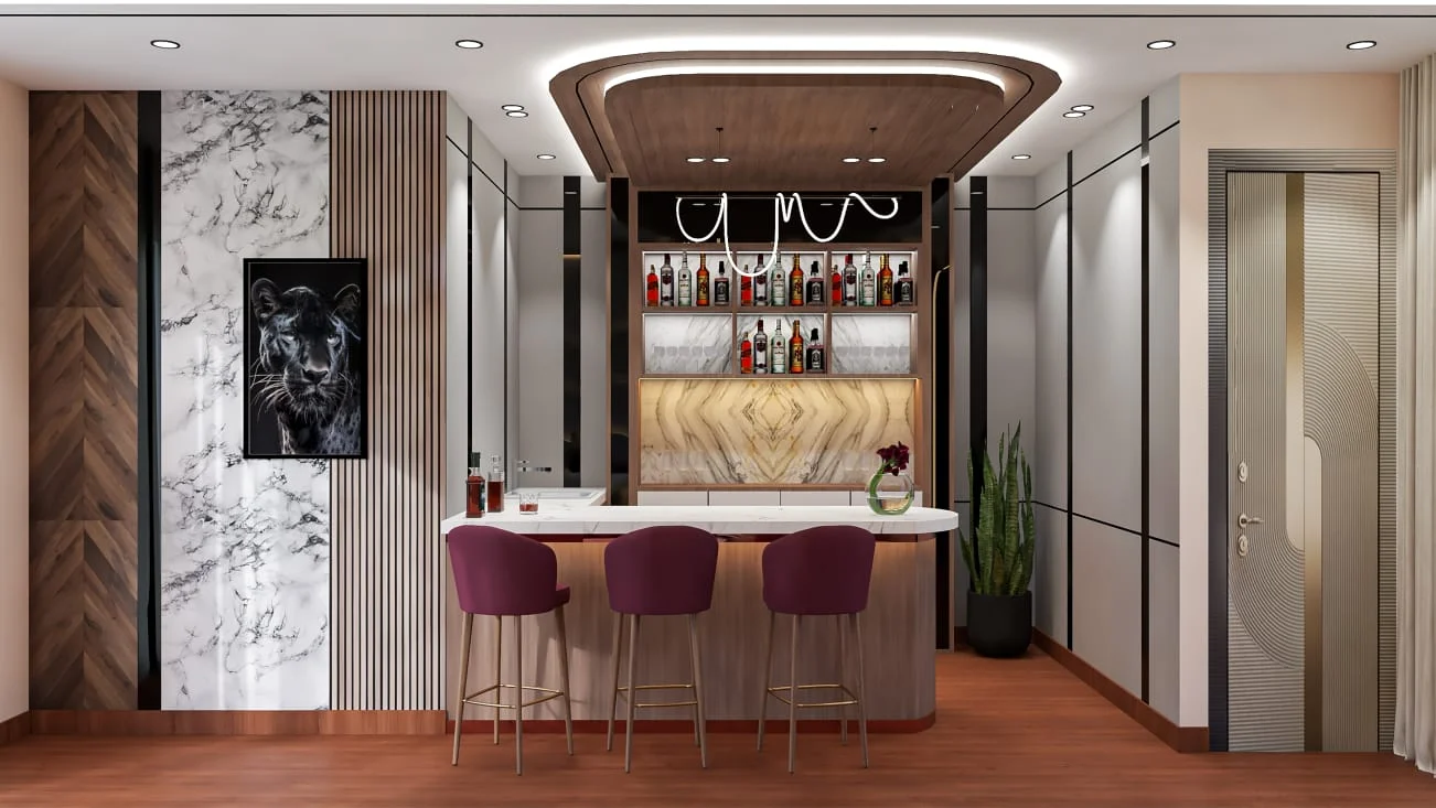 Home bar counter interior design with wooden false ceiling and marble display wall in Delhi