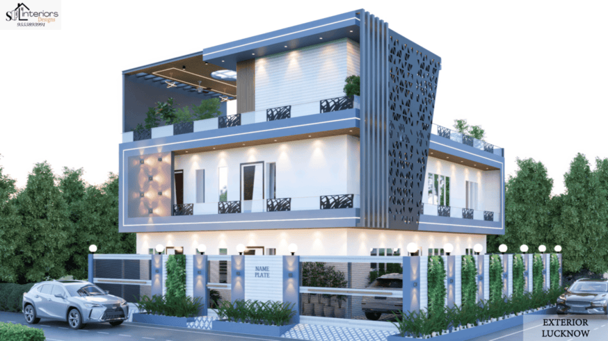 Modern G+2 house exterior design Delhi - blue-grey facade with CNC jaali work