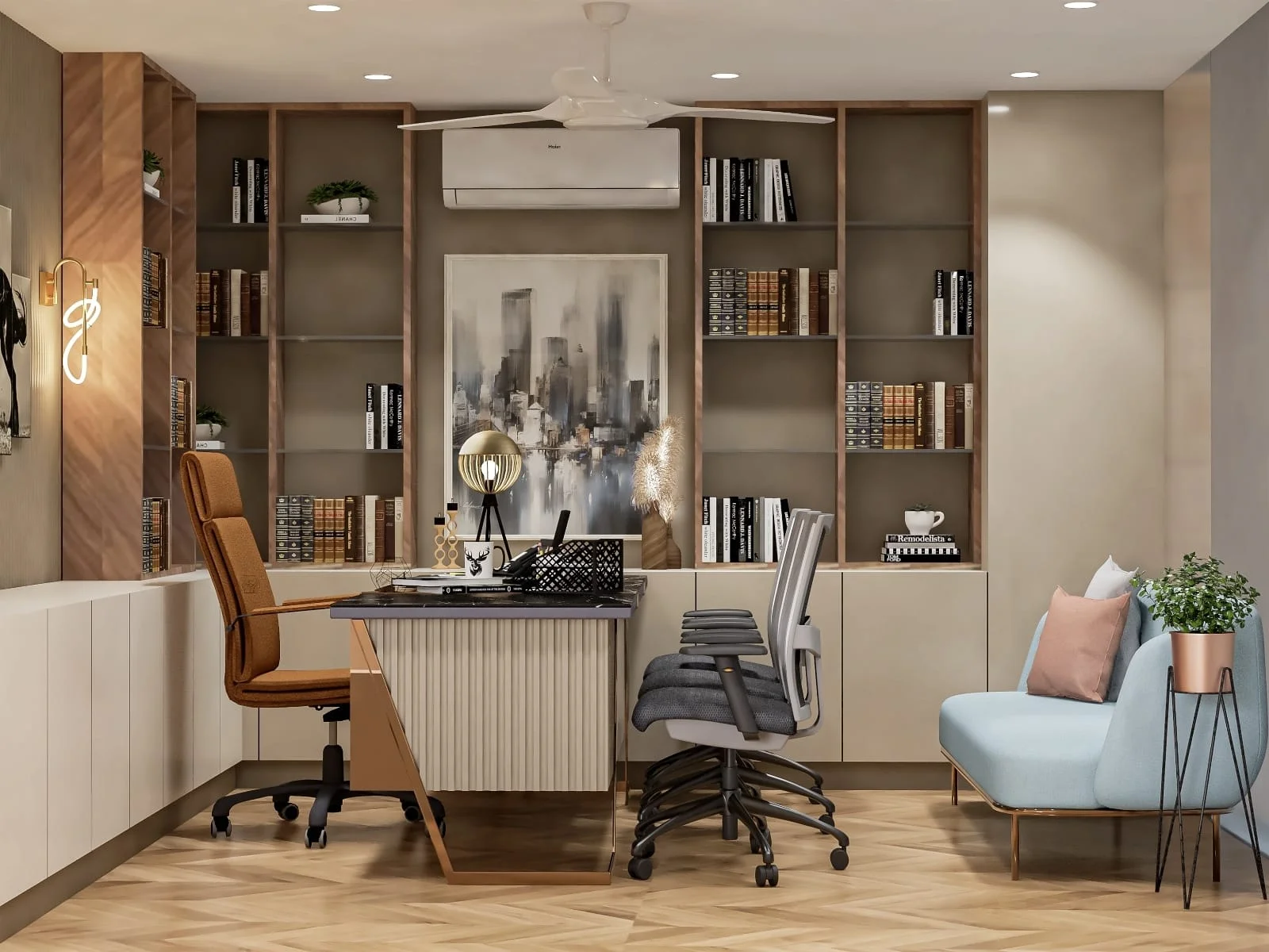The office interior design combines modern aesthetics with functionality, featuring open workspaces for collaboration and quiet areas for focused tasks. A neutral color palette, ergonomic furniture, and natural light create a professional yet inviting atmosphere, promoting both productivity and comfort.