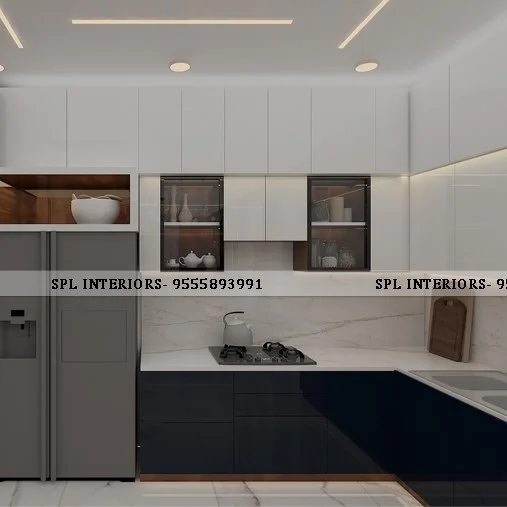 Modern kitchen with white overhead cabinets, glass-front display units, dark blue lower cabinets, and a white marble-pattern countertop with a built-in gas hob.