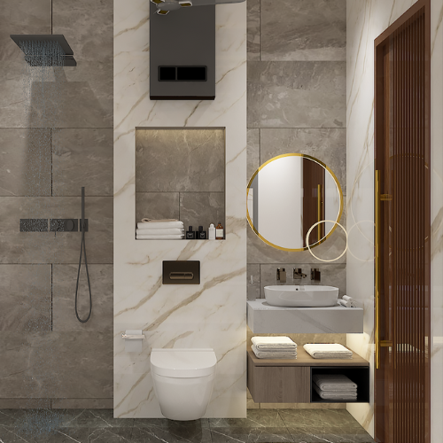A modern bathroom featuring white tiles, sleek fixtures, and a minimalist aesthetic perfect for any contemporary home.