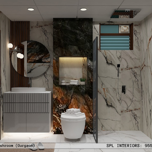 Bathroom design with round mirror, dark marble accent wall and rain shower in Gurgaon.