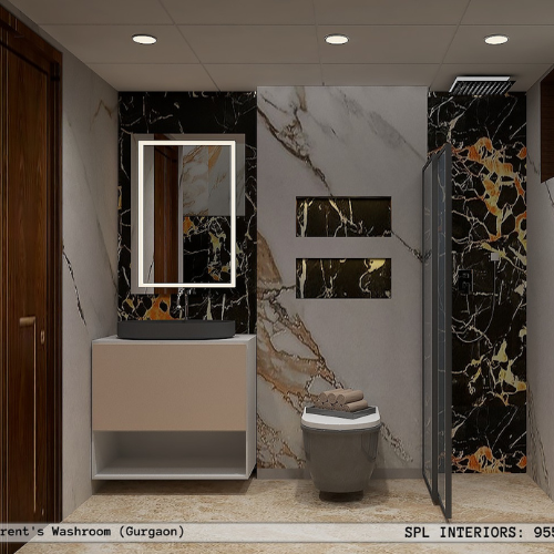 Modern bathroom interior design with marble tiles and mosaic niches in Dwarka, Delhi by SPL Interior
