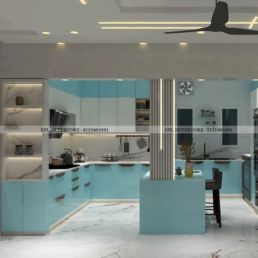 L-shaped turquoise and white kitchen with a raised center counter and bar stools