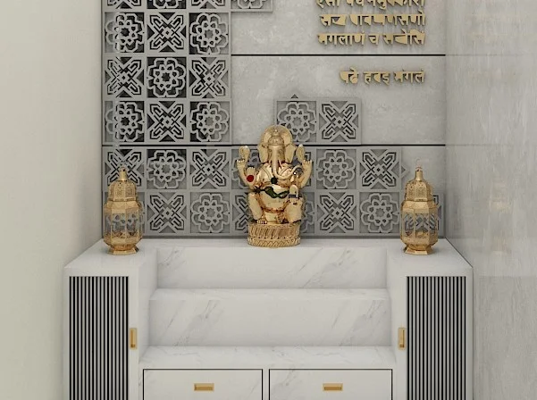 Elegant pooja room with wooden cabinets