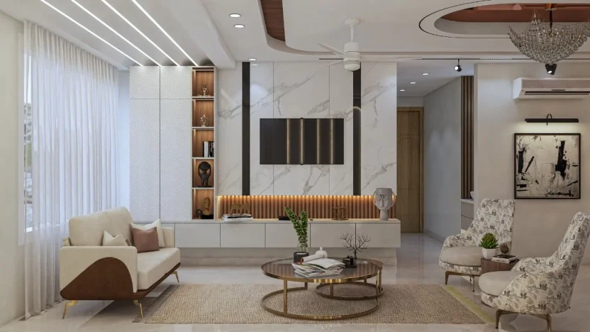Modern living room interior design with elegant furniture, marble TV wall, ambient lighting, and contemporary decor.