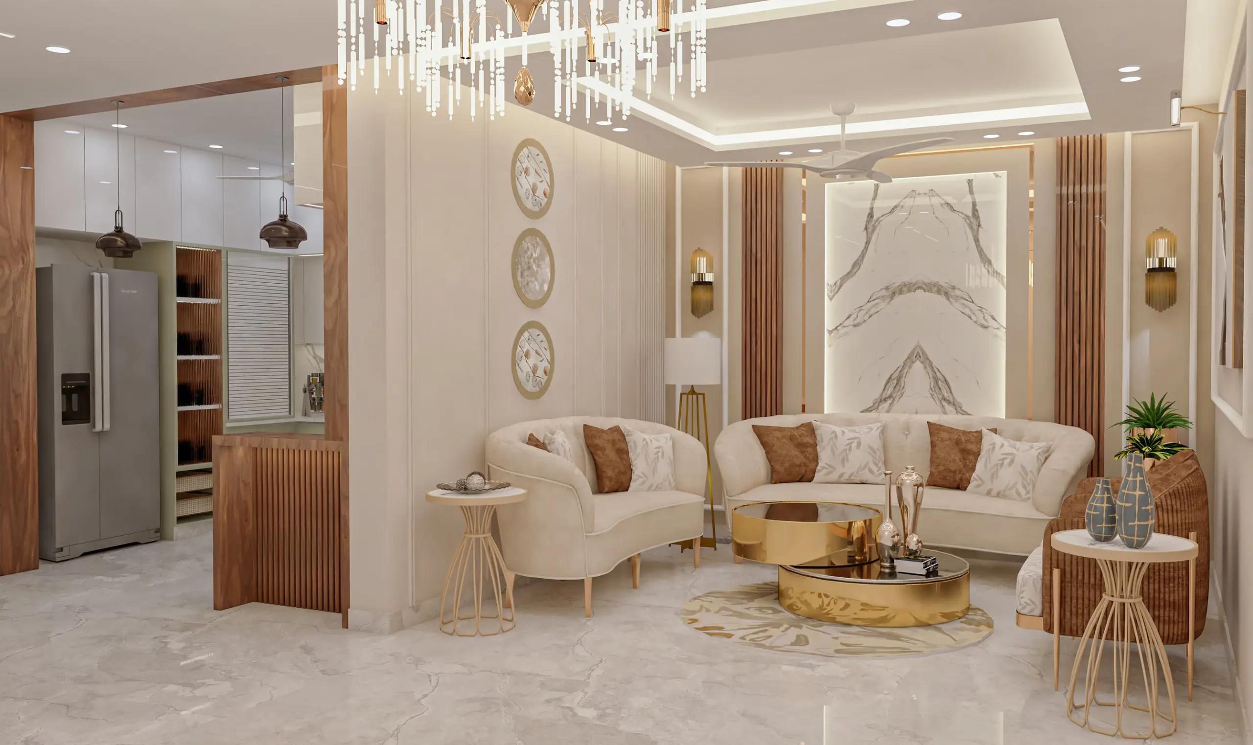 Luxury living room design with curved beige sofas, marble feature wall and gold round coffee table