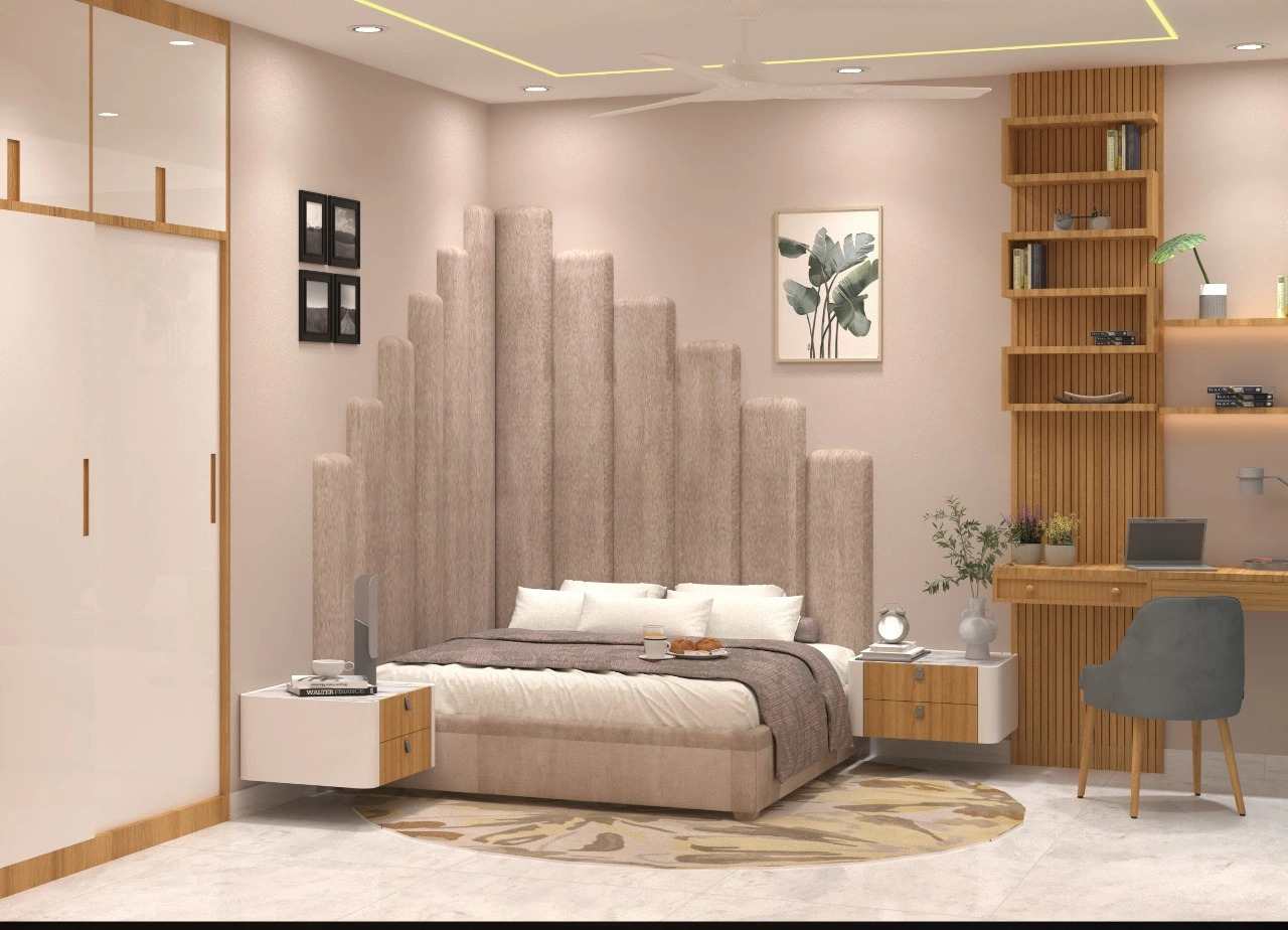Bedroom with tall fluted fabric headboard, floating nightstands, and wooden study desk