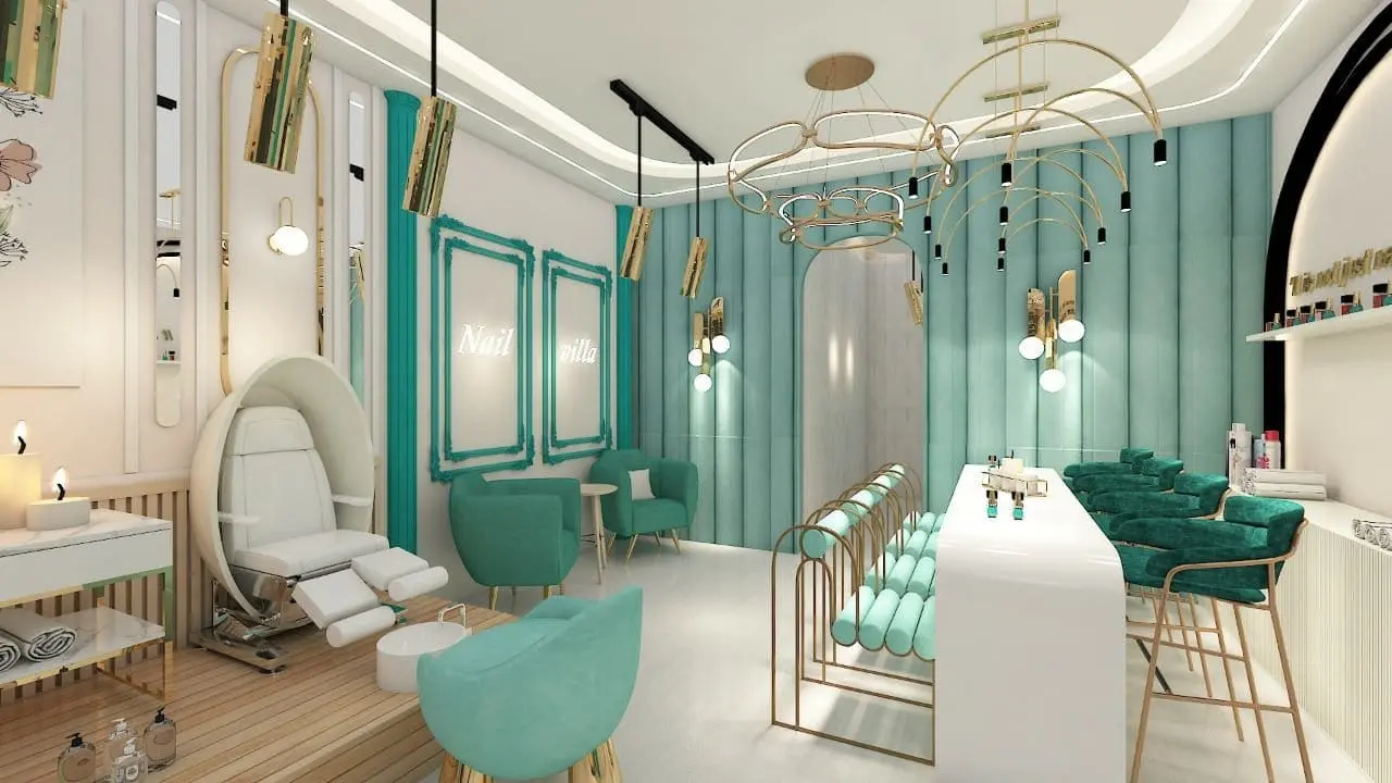 Nail salon with teal fluted wall, gold ring chandelier and white manicure bar