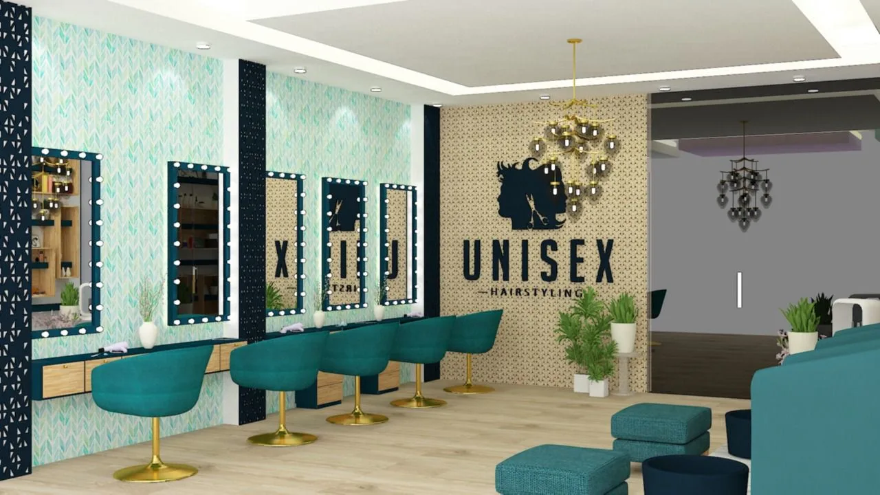 Unisex hair salon with bulb-lit vanity mirrors, teal swivel chairs and gold chandelier